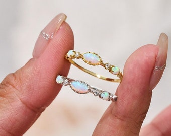 Sterling Silver Natural Opal Stacking Ring , in Gold & Silver | Vintage Marquise Natural Opal Ring | October Birthstone Anniversary Gift