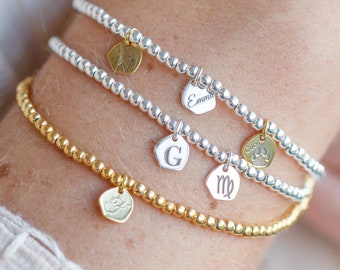 Sterling Silver Personalised Initial Name Zodiac Sign Bead Bracelet | Engraved Dainty Beaded Bracelet | Custom Charm Bracelet For Her