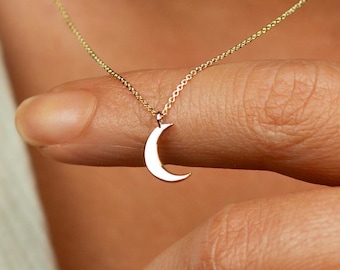 Collar con dije de luna de oro macizo de 14 k / Collar de luna creciente / Colgante de luna y estrella delicado / Collar celestial / Regalo de cumpleaños / Regalo de Navidad