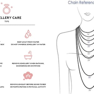 Jewelry care tips and chain reference guide. The guide includes instructions for storing jewelry, keeping it away from water and chemicals, and cleaning it after use. The length chart shows various  lengths from 16 inches to 36 inches on a model.