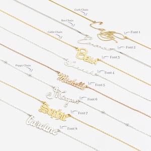 Personalized name necklaces in gold and silver with different chains (curb, box, cable, poppy). Names likeCathy, Bella,Hannah,Michelle,Megan, Sophie, and Caroline. Silver jewelry perfect for gifts, shown with chain and font options.