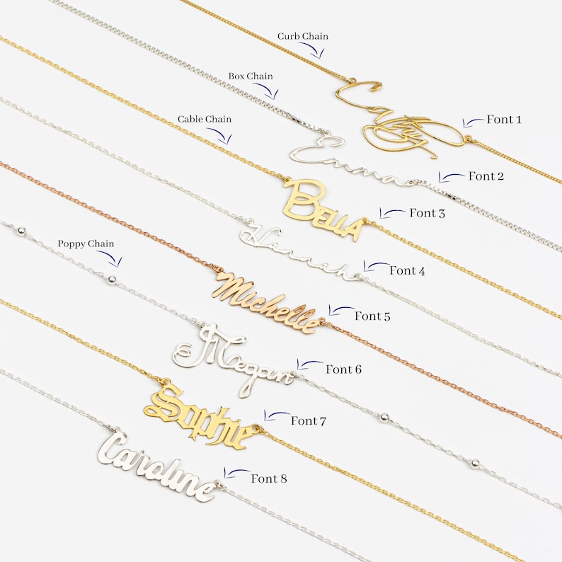 Personalized name necklaces in gold and silver with different chains (curb, box, cable, poppy). Names likeCathy, Bella,Hannah,Michelle,Megan, Sophie, and Caroline. Silver jewelry perfect for gifts, shown with chain and font options.
