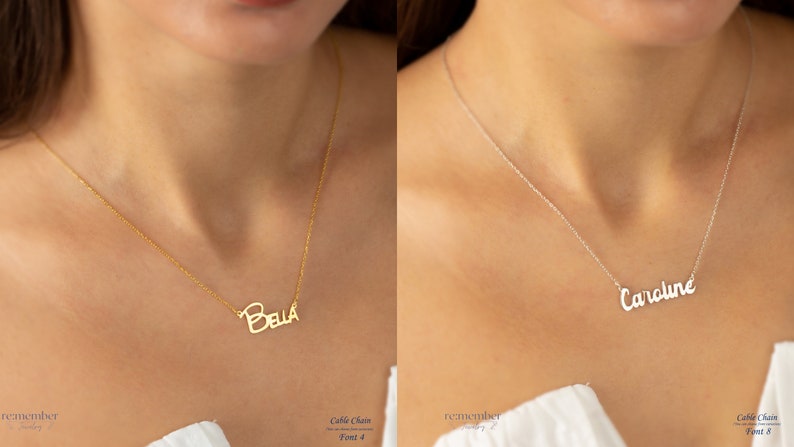 Side-by-side image of two custom name necklaces: one gold-plated with Bella on a cable chain, and one sterling silver with Caroline on a cable chain. Both necklaces feature different cursive fonts, showcasing elegant, personalized jewelry options