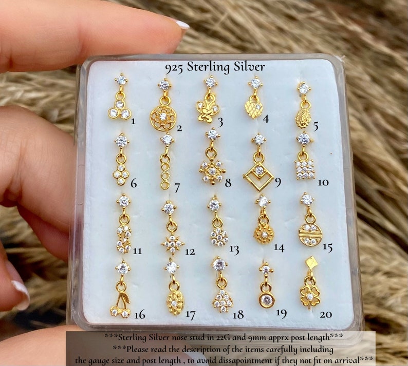 Sterling Silver Gold Dangling Nose Stud | Butterfly Nose Stud | Gold Nose Ring | Indian Nose Stud | Pin Nose Stud | Cute Gold Nose Stud 