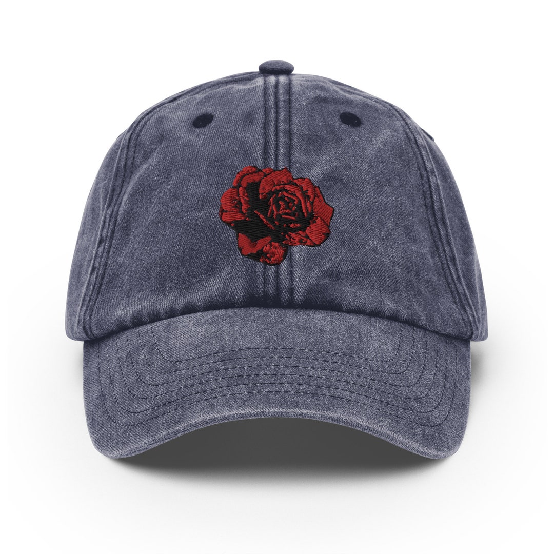 Red Rose Embroidered Vintage Hat || Floral Denim Cap, Flower Drawing ...
