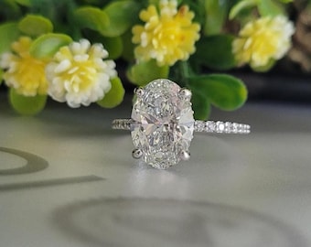 2.00 Carat Oval Lab Grown Diamond Engagement Ring | Hidden Halo, Pavé Band, IGI Certified, 14k Gold