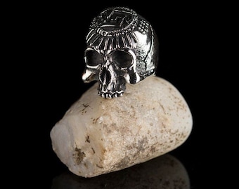 Ring of Skull with Aztec Fretwork, 925 Sterling Silver Ring, Handmade Ring, Aztec Ring