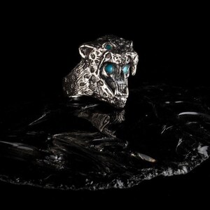 Aztec Ring of Jaguar Warrior with Turquoise Eyes, 925 Sterling Silver Ring, Handmade Ring