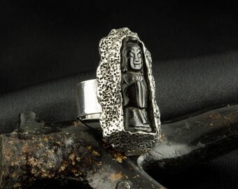 Buddha Spiritual Ring, Black Coral Ring, 925 Sterling Silver, Handmade Ring