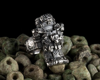 Coatlicue Ring Aztec God, 925 Sterling Silver, Handmade Ring, Aztec Ring