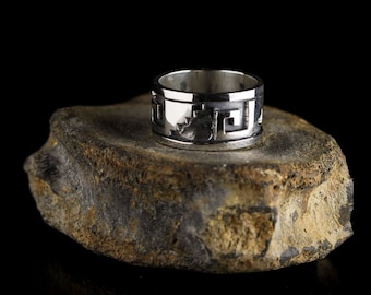 Anillo con patrón azteca 2, calado mexica, anillo azteca de banda ancha hecho a mano en plata de ley 925