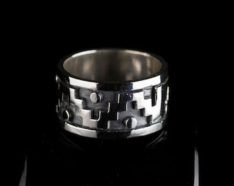 Anillo con patrón azteca, calado mexica, plata de ley 925, hecho a mano, banda ancha, azteca.
