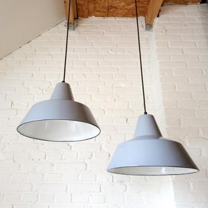 1 of 2 grey enamel pendant lamps, minimalist industrial Danish pendant lamp, mid century modern dining table lamps