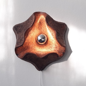 Può includere: Un'applique a parete unica a forma di stella con un esterno marrone scuro strutturato e un interno color rame caldo. Un apparecchio di illuminazione argentato e circolare è centrato all'interno dell'applique. L'applique è montata su un muro bianco.