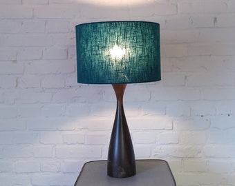 Vintage wooden table lamp; retro vintage wooden lamp base with handmade petrol-colored linen lampshade, mcm table lamp.