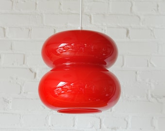 Herwig en Frank Sterckx voor Glasfabriek de Rupel, rode glazen hanglamp, 60's space age opaline glazen lamp, MCM hanglamp