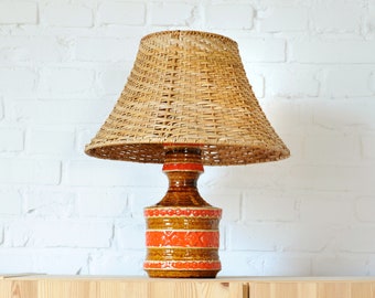 Vintage ceramic table lamp, orange brown ceramic lamp base with vintage wicker lampshade