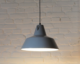 Louis Poulsen gray enamel hanging lamp, minimalist industrial Danish hanging lamp, mid century modern dining table lamp