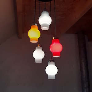 Vintage cascade pendant lamp with 5 colored glass cups, colorful chandelier with blue, orange and red glass lampshades