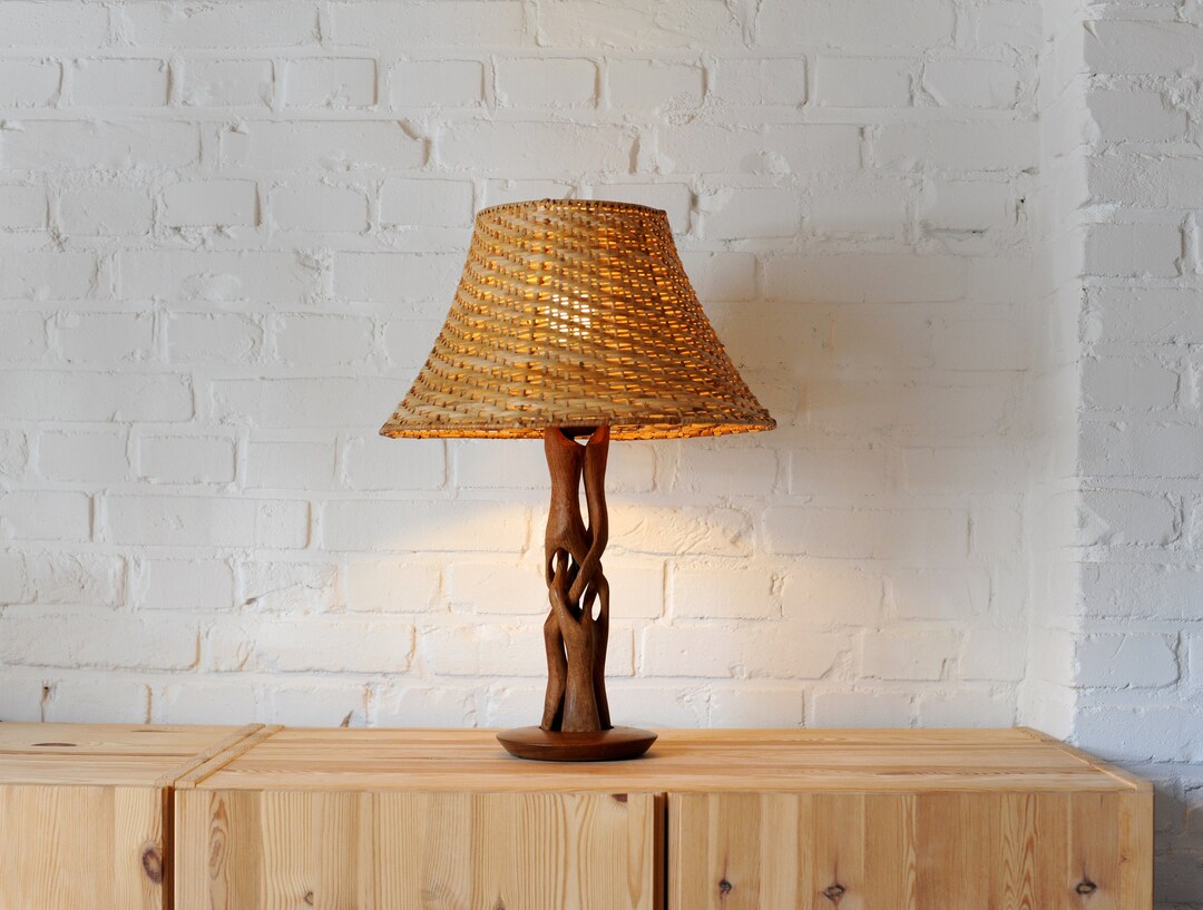 Vintage Handmade Teak Lamp Base With Thatched Shade Etsy UK