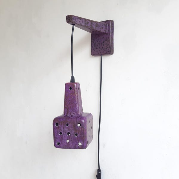 Vintage purple ceramic wall lamp, rod model, mcm earthenware wall lamp