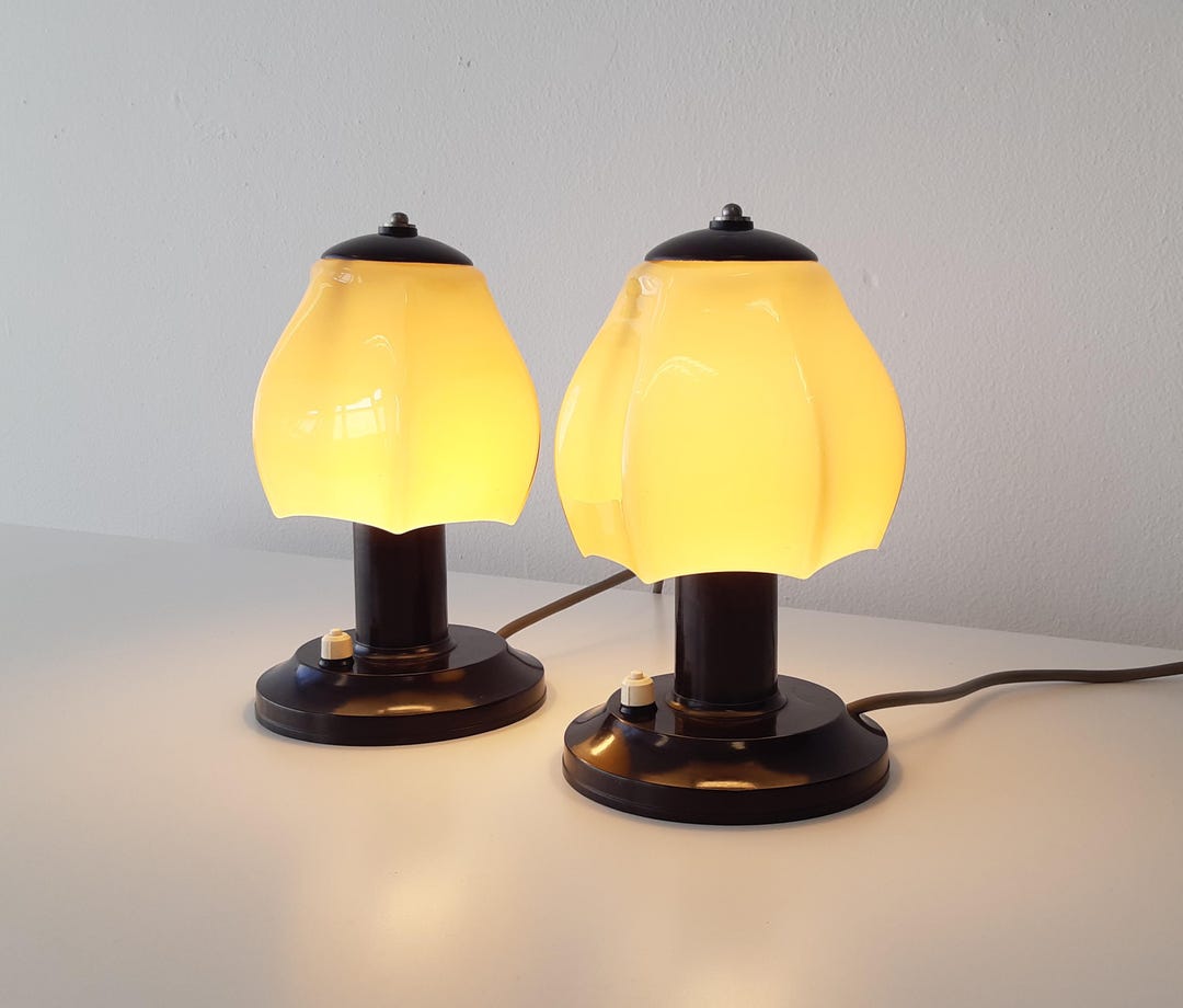 Set of Two Beautiful Glass Bedside Lamps With Bakelite Bases, Art Deco ...
