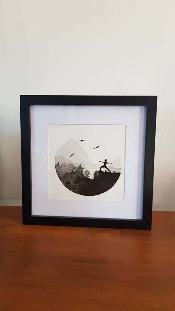 Tableau Yoga et Montagne à L Encre Fait Main avec Cadre en Bois