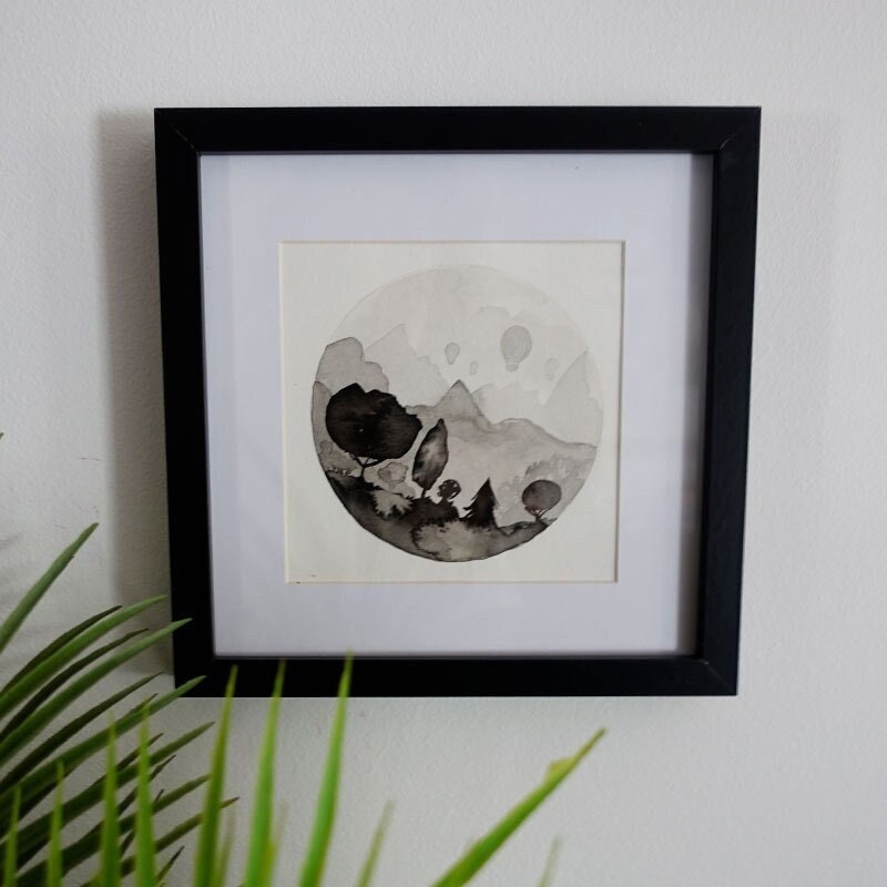 Tableau Montgolfières à L'encre Fait Main avec Cadre en Bois