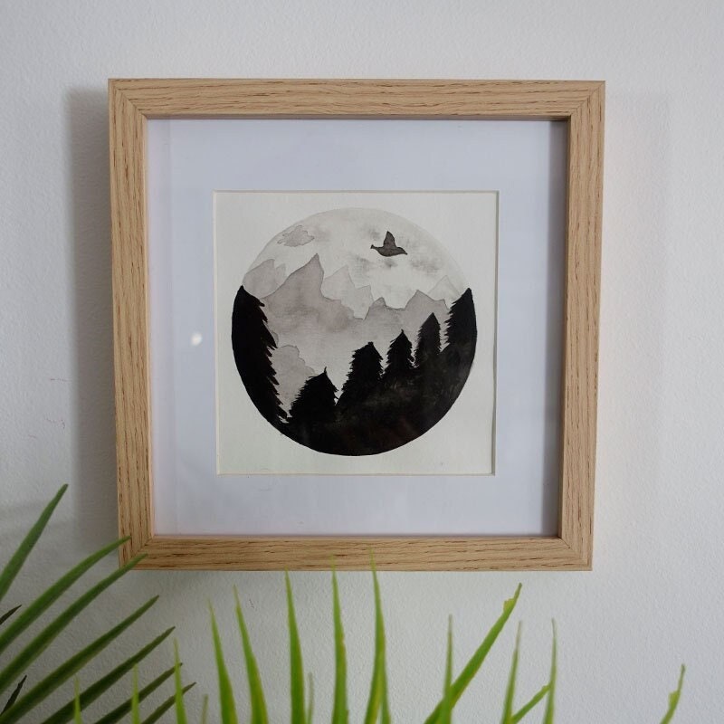 Tableau Montagne, Oiseau et Fôret Fait Main avec Cadre en Bois