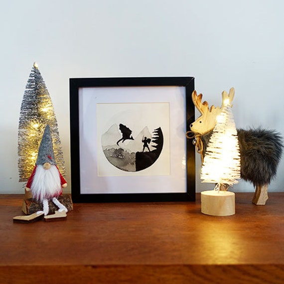 Tableau Illustration Dragon, Chevalier et Montagnes Fait Main avec Cadre en Bois