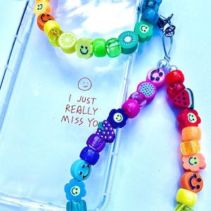 y2k rainbow smiley face & fruit beaded phone charm funky mismatched beads and pearls / 90&#39;s aesthetic