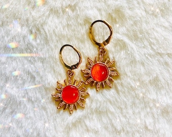 Sun boho hippy earrings | orange sunset and gold sun huggie earrings | boho aesthetic huggies