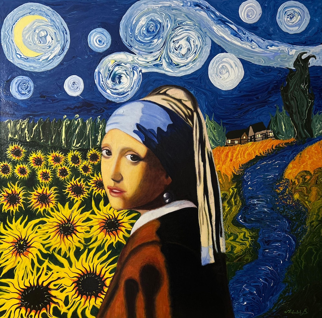 Girl With a Pearl Earring Inspired Art, Van Gogh Starry Night Style ...