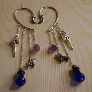 Lunar Ear Wrap Dangle Cuffs with Amethyst Witch Accessory Hekate Jewelry Gothic Purple Earrings