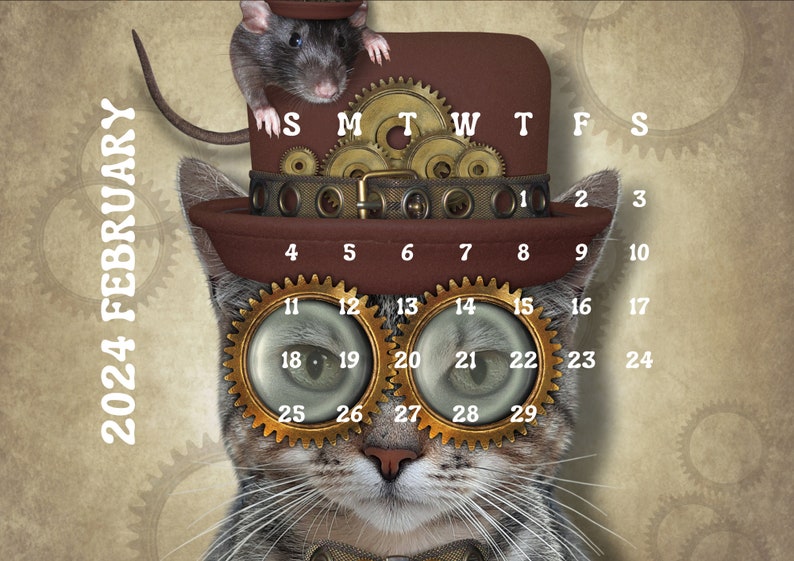 Steampunk 2024 Digital Printable Calendar Industrial Retro Wall Art