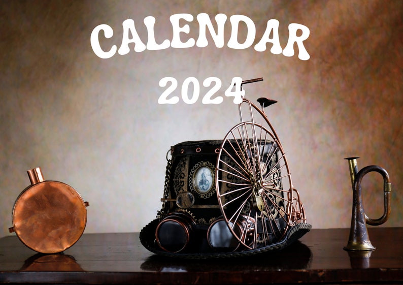 Steampunk 2024 Digital Printable Calendar Industrial Retro Wall Art