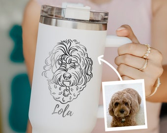 Custom Dog Line Art Tumbler with Handle & Straw - Personalized Your Pet Photo Engraved 40oz Travel Mug