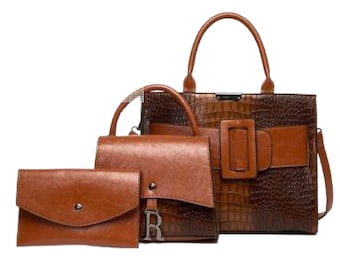 Vegan Leather Crocodile Embossed Handbag Set: Crossbody Satchel & Tote