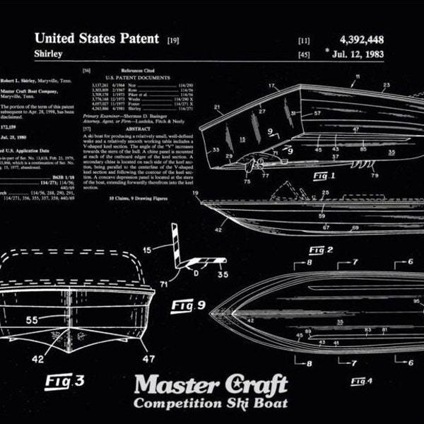 Mastercraft Ski Boat Patent Print- Vintage Ski Boat- Stars and Stripes- Black- Multiple Sizes Available (Unframed)