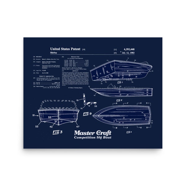 Mastercraft Ski Boat Patent Print- Vintage Ski Boat- Stars and Stripes- Waterski Art -Navy- Multiple Sizes Available(Unframed)