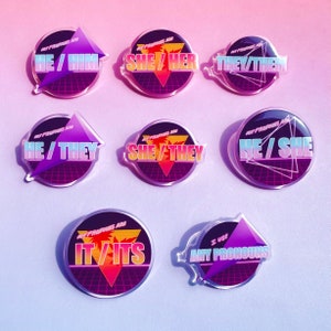 Retro Synthwave Pronoun Pins | 2&quot; Acrylic Pins