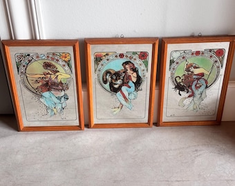 Unique vintage set of Mucha style mirrors