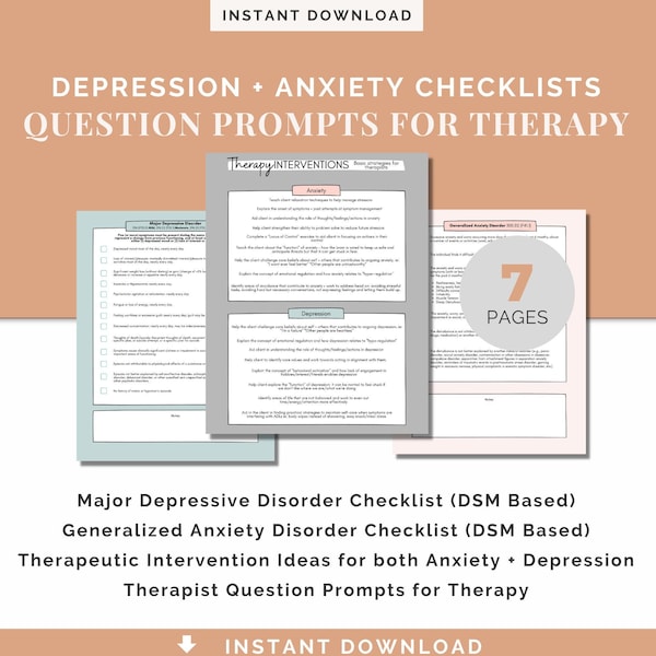 Depression and Anxiety Diagnosis Checklist, Therapist Reference Sheet, Intervention Ideas and Therapy Questions