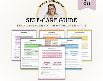 May include: A digital self-care guide titled "Self-Care Guide: Skills & Exercises for the 6 Types of Self-Care" featuring a photograph of a person, a 50% off banner, and six colorful pages detailing spiritual, emotional, social, intellectual, physical, and occupational self-care.