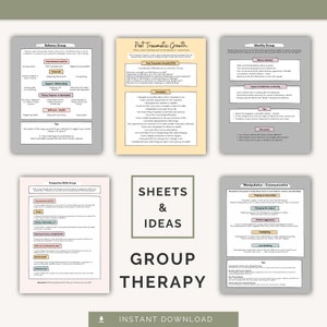 K&ouml;nnte beinhalten: Ein Satz druckbarer Arbeitsbl&auml;tter f&uuml;r Gruppentherapiesitzungen. Die Arbeitsbl&auml;tter sind mit "Balance Group", "Post Traumatic Growth", "Identity Group", "Perspective Skills Group" und "Manipulation - Communication" betitelt. Die Arbeitsbl&auml;tter sollen Menschen helfen, verschiedene Herausforderungen zu bew&auml;ltigen und neue F&auml;higkeiten zu entwickeln.