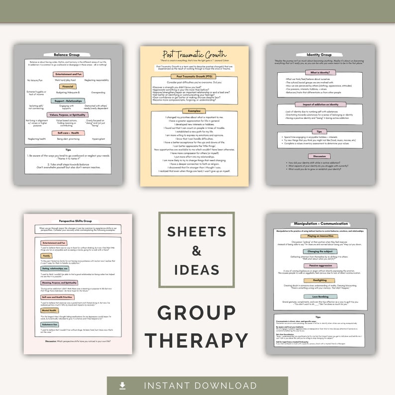 K&ouml;nnte beinhalten: Ein Satz druckbarer Arbeitsbl&auml;tter f&uuml;r Gruppentherapiesitzungen. Die Arbeitsbl&auml;tter sind mit "Balance Group", "Post Traumatic Growth", "Identity Group", "Perspective Skills Group" und "Manipulation - Communication" betitelt. Die Arbeitsbl&auml;tter sollen Menschen helfen, verschiedene Herausforderungen zu bew&auml;ltigen und neue F&auml;higkeiten zu entwickeln.
