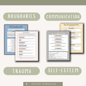 K&ouml;nnte beinhalten: Vier druckbare Arbeitsbl&auml;tter mit den Titeln "Boundaries", "Communication", "Trauma" und "Selbstwertgef&uuml;hl". Jedes Arbeitsblatt hat einen hellblauen, grauen oder gelben Hintergrund und enth&auml;lt schwarzen Text.