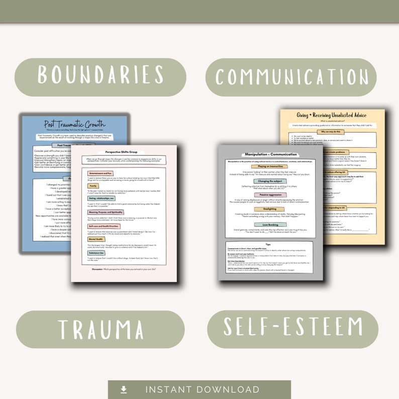 K&ouml;nnte beinhalten: Vier druckbare Arbeitsbl&auml;tter mit den Titeln "Boundaries", "Communication", "Trauma" und "Selbstwertgef&uuml;hl". Jedes Arbeitsblatt hat einen hellblauen, grauen oder gelben Hintergrund und enth&auml;lt schwarzen Text.