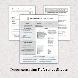 Op de afbeelding: Twee pagina's met documentatiereferentiebladen voor therapeuten. De eerste pagina is getiteld "Documentatie van de behandelplanning" en bevat secties voor doelen, doelstellingen en interventies. De tweede pagina is getiteld "Documentatiebasics" en bevat een "Cheat Sheet" met secties voor behandelplanning, documentatie, DAP-noot overzicht, SOAP-noot overzicht, voorbeelden van therapeuteninterventies en een woordenlijst met termen.