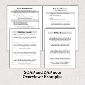 Op de afbeelding: Een document met een witte achtergrond en zwarte tekst. Het document is verdeeld in twee kolommen. De linker kolom is getiteld "SOAP Note Overview" en de rechter kolom is getiteld "DAP Note Overview". Beide kolommen bevatten tekst over de SOAP- en DAP-notitieformaten, inclusief voorbeelden van elk formaat.